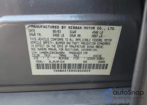 2004 Nissan Maxima 3.5 Sl from USA, damaged, VIN 1N4BA41E94C842854